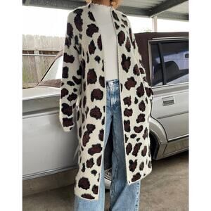 🔥Kayla’s Armoire Leopard Print Fuzzy Open Front Cardigan Duster Y2K Mob Wife
